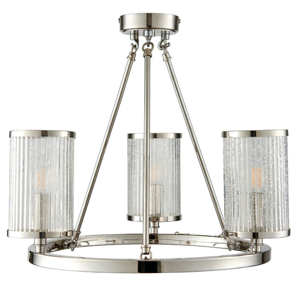 Loops 3 Chandelier Pendant Nickel Ribbed Glass Shade Hanging Ceiling Lamp Holder Light
