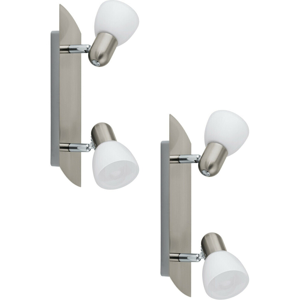 2 PACK Wall 2 Spot Light Colour Satin Nickel Shade White Satin Glass E14 2x40W