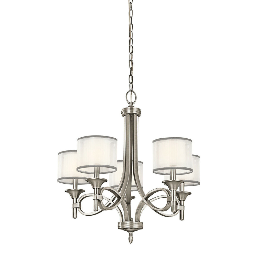 Loops 5 Bulb Chandelier Organaza Shade Antique Pewter Led E14 60W Light/White