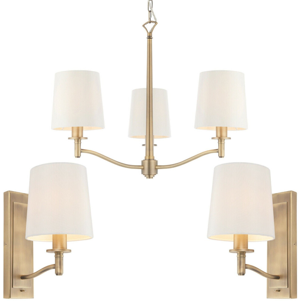 3 Bulb Ceiling Pendant Lamp & 2x Matching Wall Light Matt Antique Brass & Shade