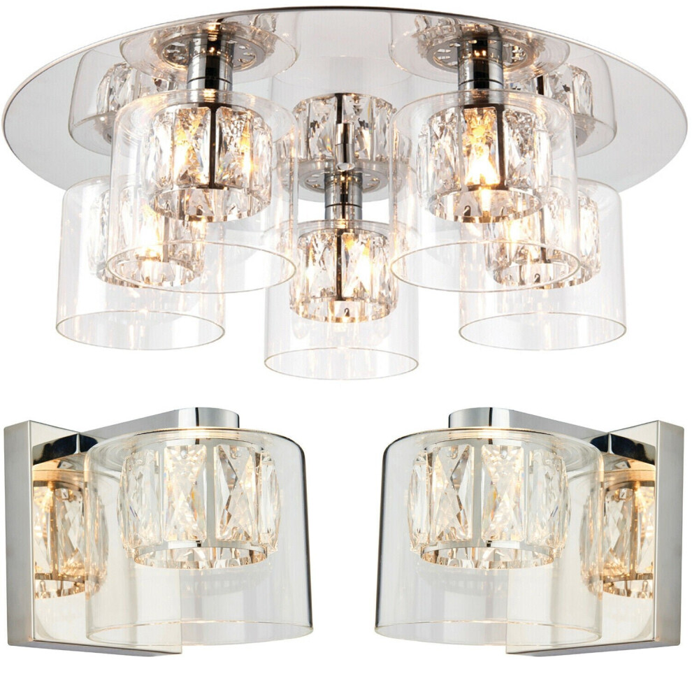 Loops 5 Bulb Ceiling Lamp & 2X Matching Wall Mount Round Chrome & Crystal Glass Light