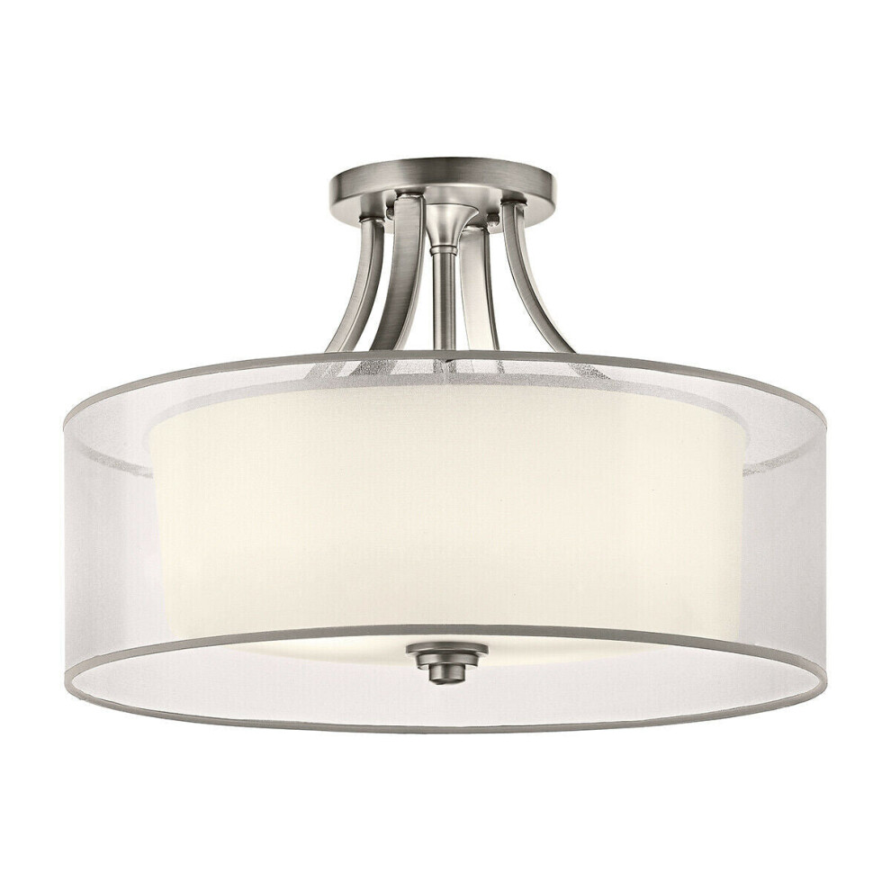 Loops 4 Bulb Semi Flush Light White Organaza Shade Antique Pewter Led E27 60W Bulb