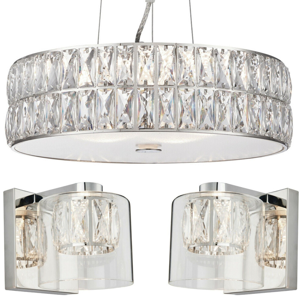Loops 5 Bulb Ceiling Pendant & 2X Matching Wall Mount Chrome & Crystal Glass Light