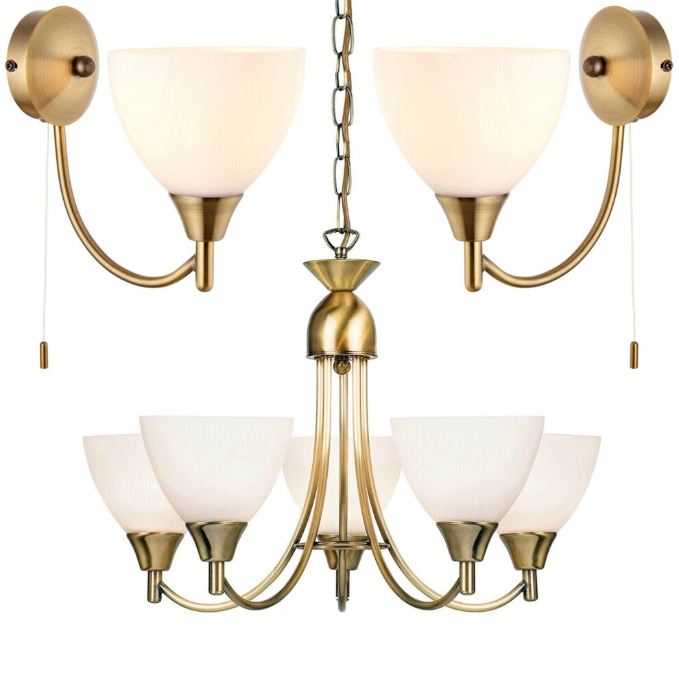5 Lamp Ceiling & 2x Wall Light Pack Antique Brass Glass Matching Indoor Fittings