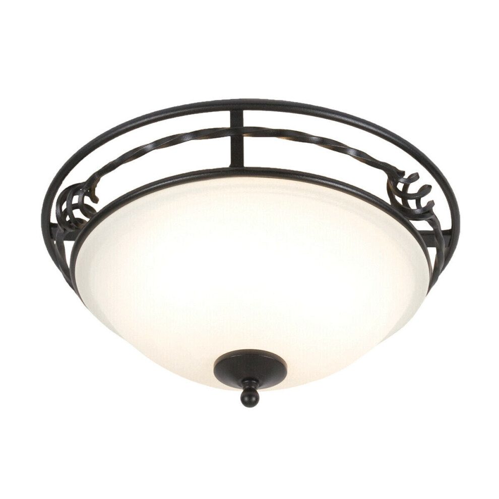 Loops 2 Bulb Flush Glass Shade Iron Scrolls Twisted Metal Led E27 60W Light/Black
