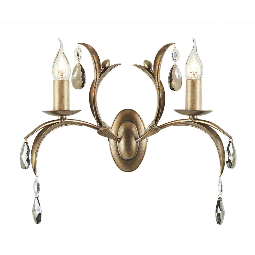 Loops Twin Wall Light Lily Leaves Smoked Cut Glass Deoplets Bronze Patina Led E14 60W