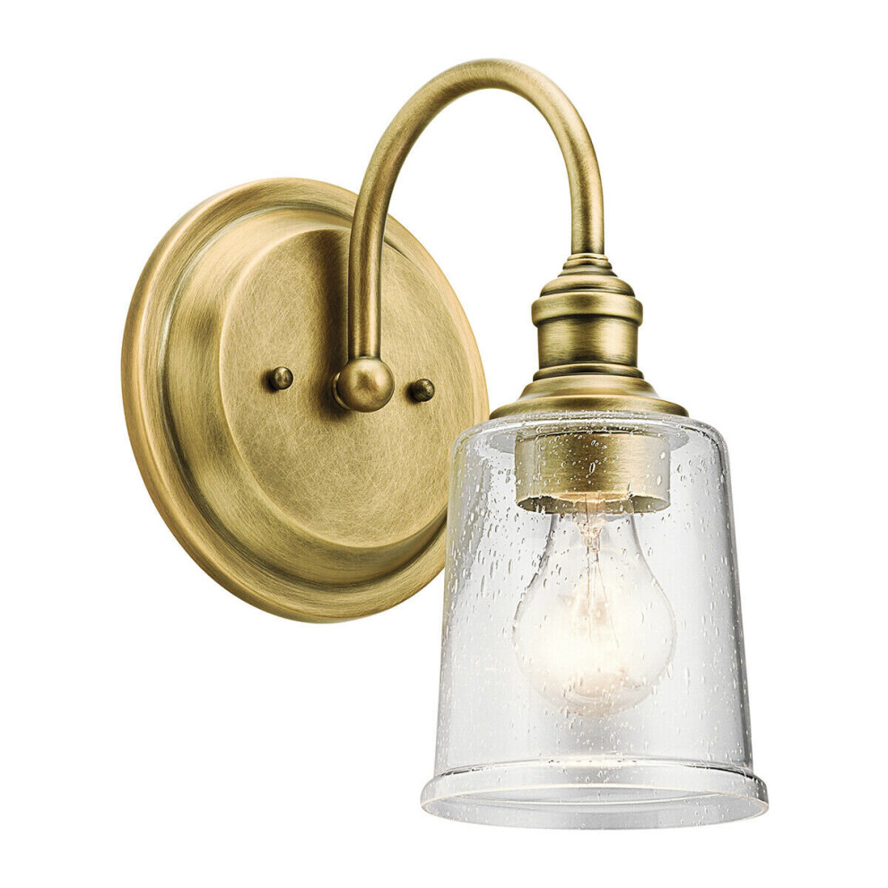 Loops Wall Light Arched Arm Clear Seeded Glass Downlight Natural Brass Led E27 60W