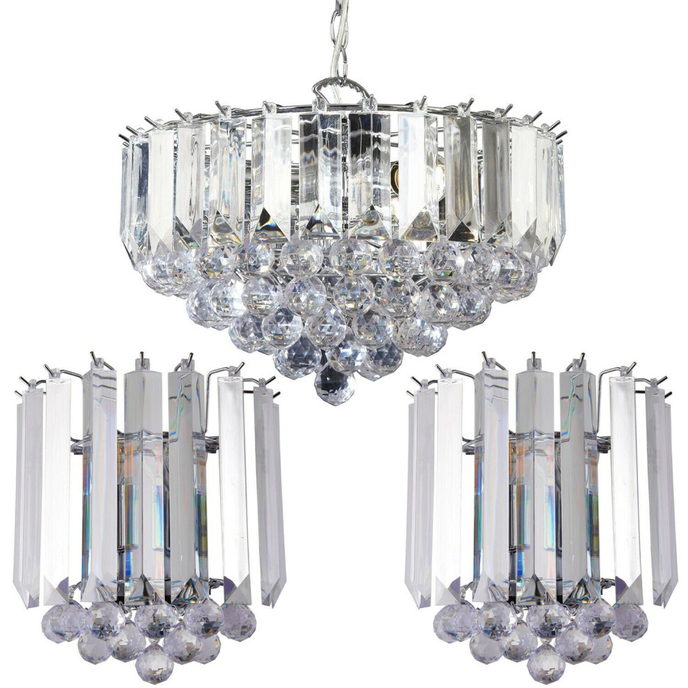 3 Lamp Ceiling & 2x Matching Wall Light Pack Small Chrome Pendant Acrylic Shade
