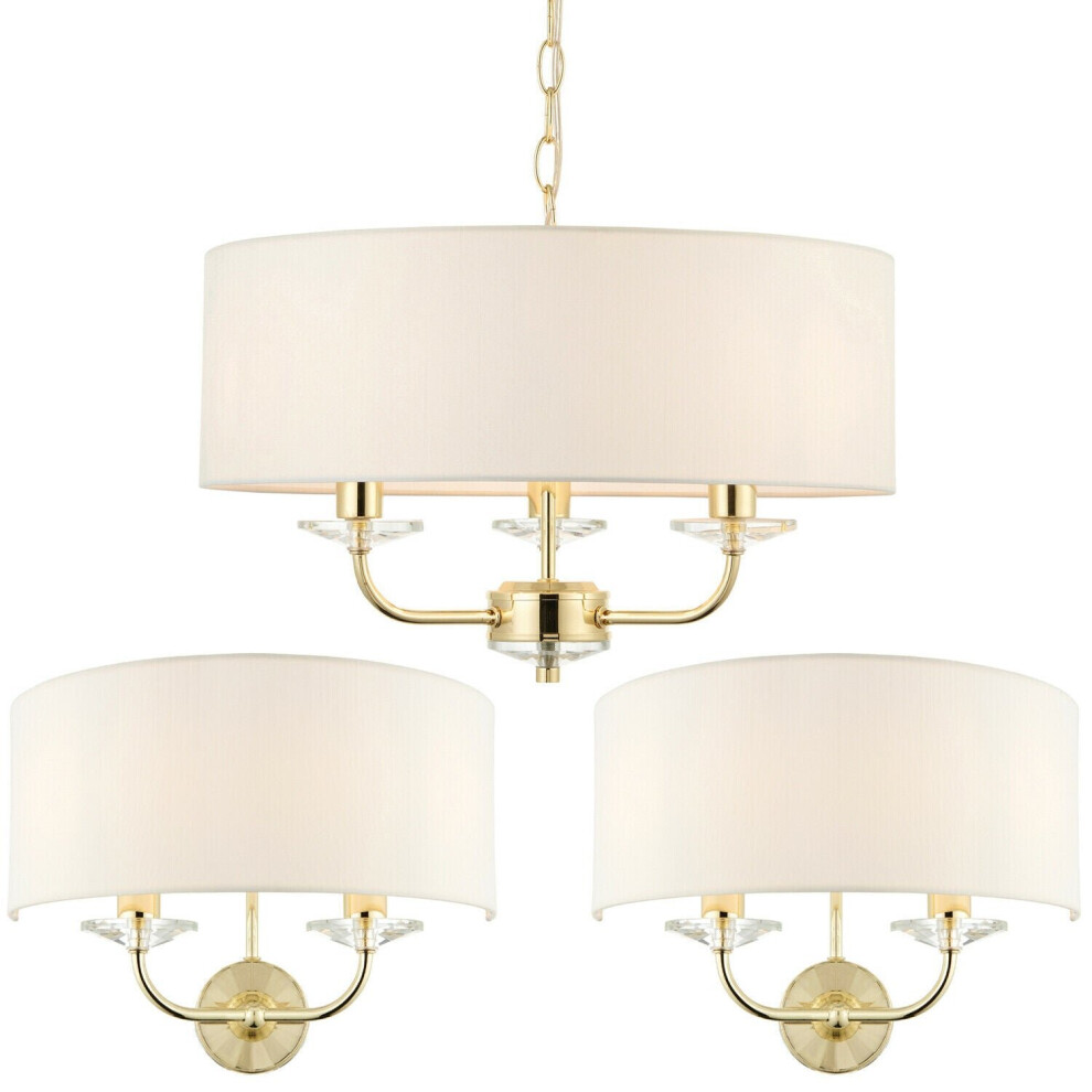 3 Bulb Ceiling Pendant Lamp & 2x Matching Twin Wall Light Modern Brass Plate