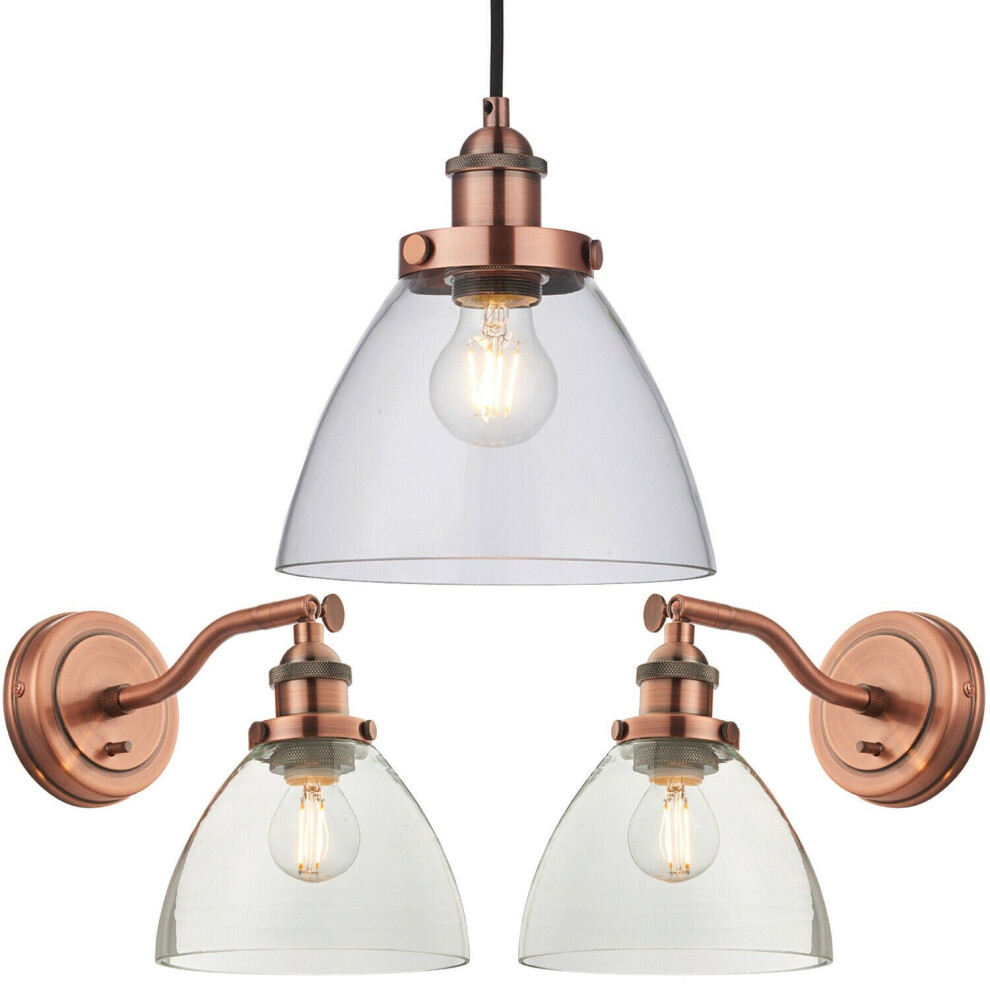 Loops Ceiling Pendant & 2X Matching Wall Pack Aged Copper & Clear Glass Shade Light