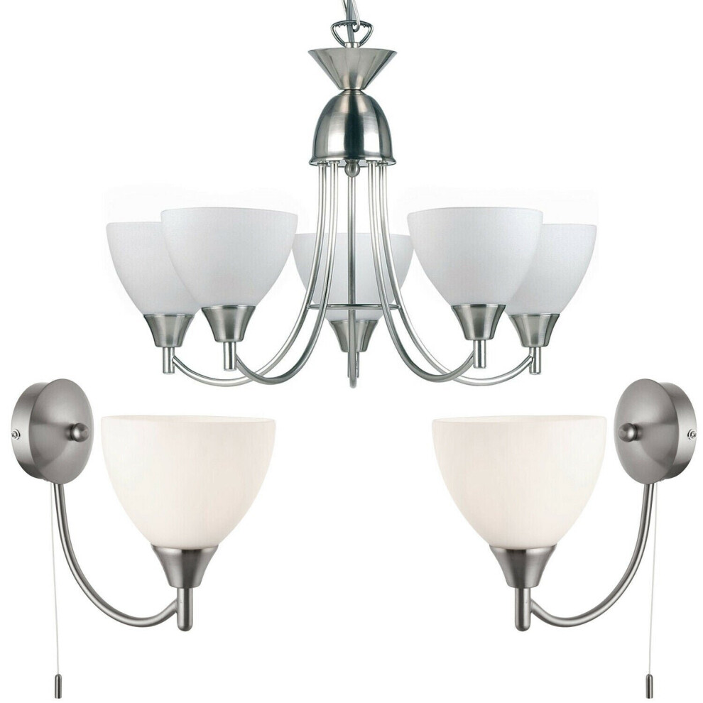 5 Lamp Ceiling & 2x Wall Light Pack Satin Chrome Glass Matching Indoor Fittings