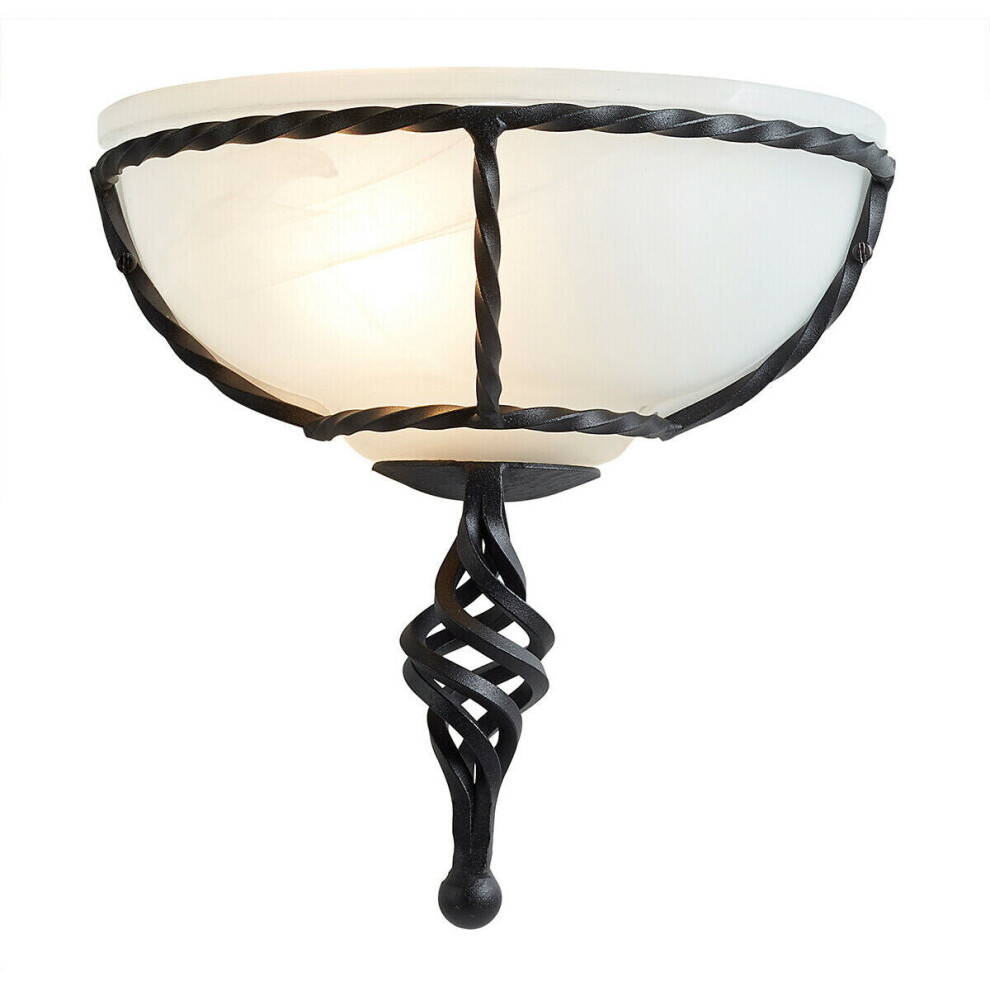 Wall Light Twistewd Wrought Iron Opaque Glass Shade Black LED E27 60W