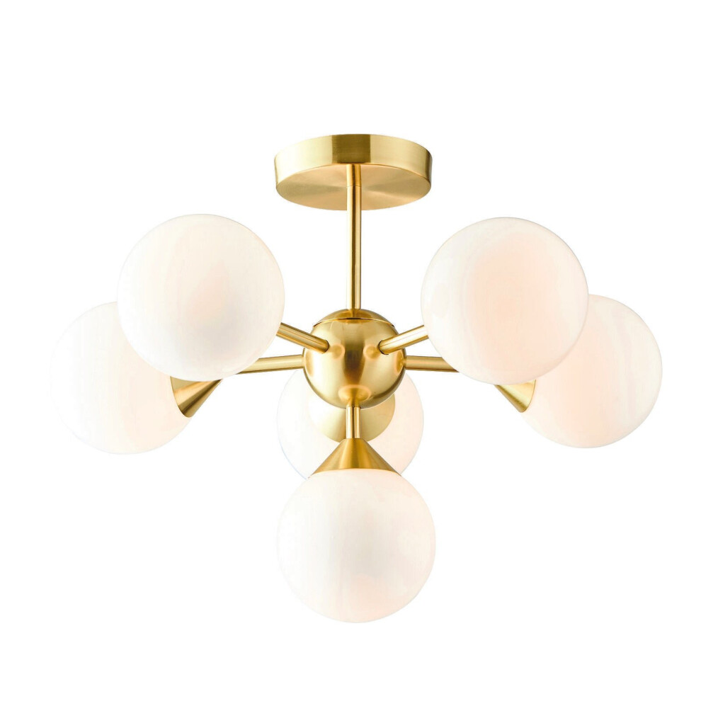 Loops Semi Flush Ceiling Light Satin Brass Plate & Gloss White Glass 6 X 18W G9