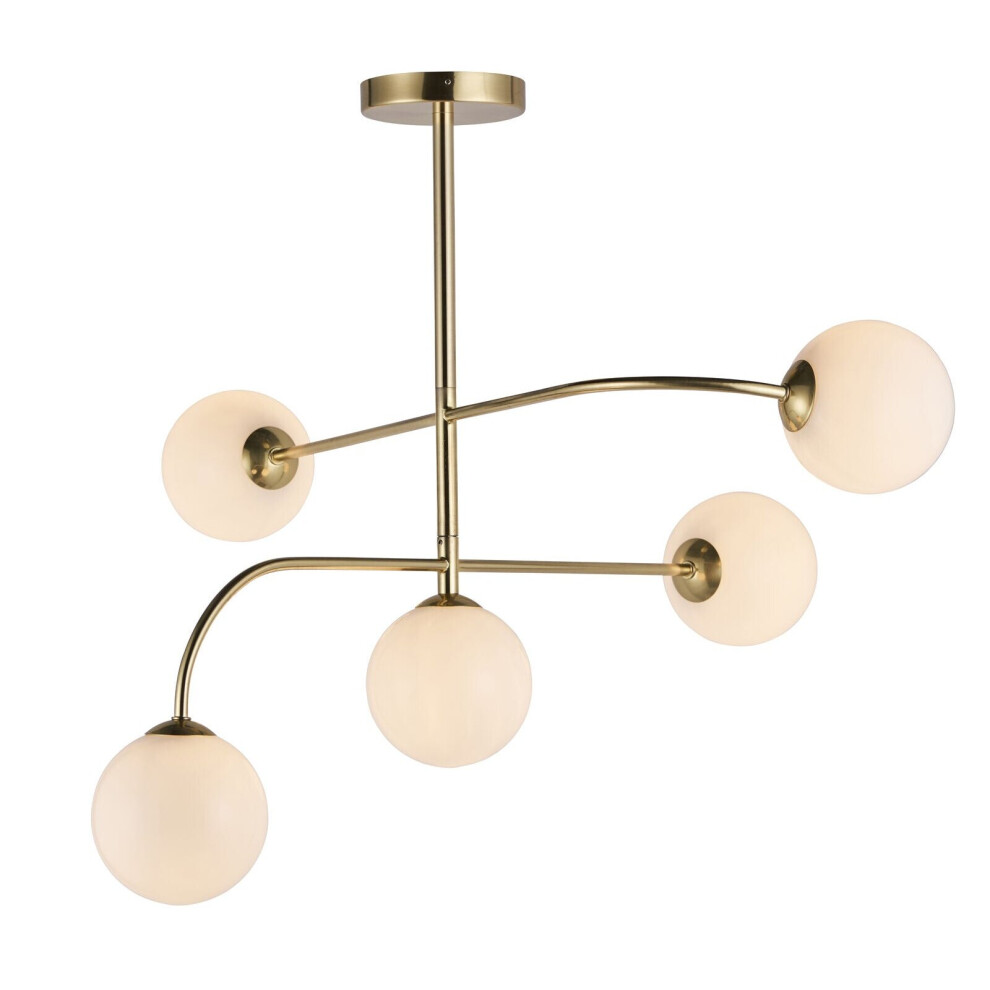 Semi Flush Ceiling Light Satin Brass Plate & Opal Glass 5 x 3W LED G9