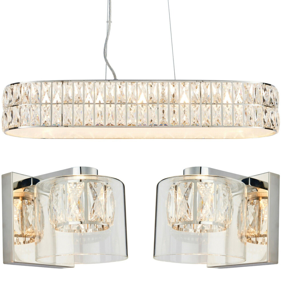 5 Bulb Ceiling Bar & 2x Matching Wall Mount Light Long Chrome & Crystal Glass-image-OPC-P8WMFQ8-NEW