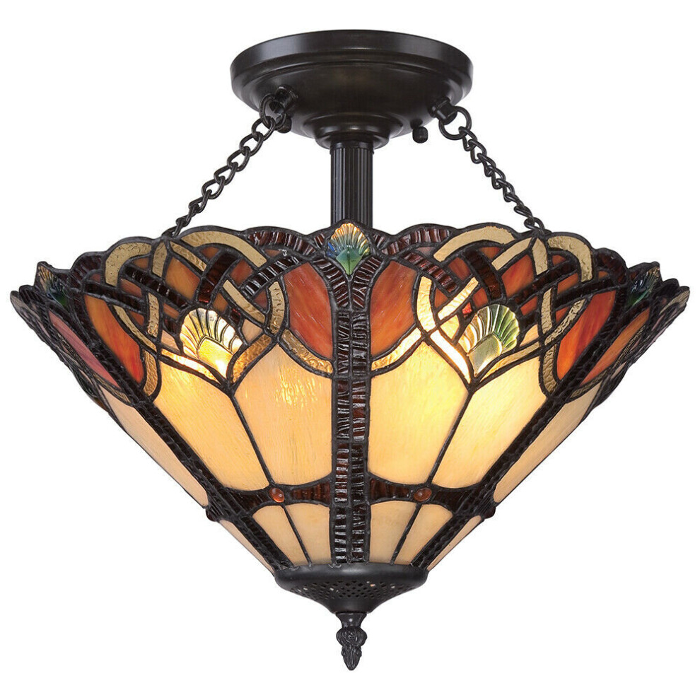 Loops 2 Bulb Semi Flush Tiffany Style Coloured Glass Vintage Bronze Base Led E27 100W