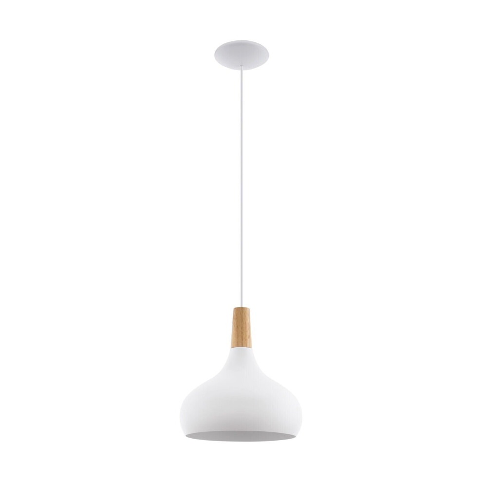 Pendant Ceiling Light Colour White Steel Shade Brown Wood Bulb E27 1x60W