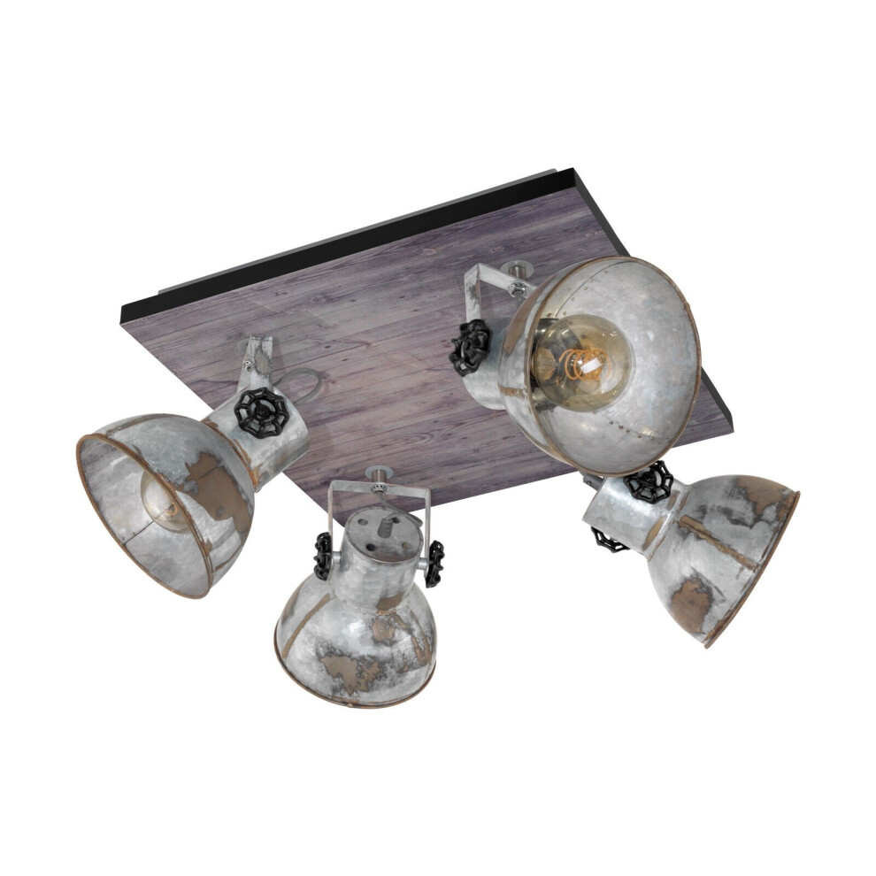 Loops Adjustable 4 Bulb Ceiling Spotlight Wood & Raw Industrial Steel Shade 40W E27