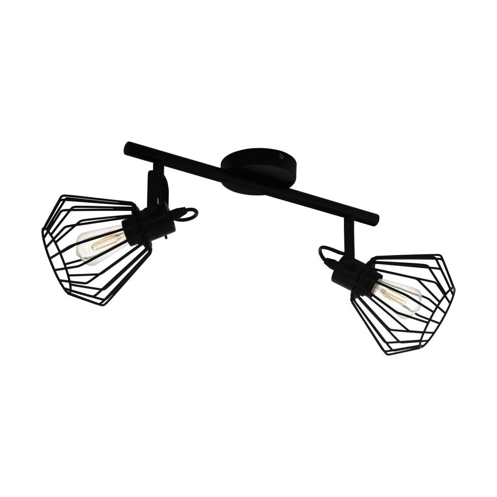 Flush Ceiling Light 2 Spots Colour Black Shade Open Wire Frame Bulb E27 2x40W