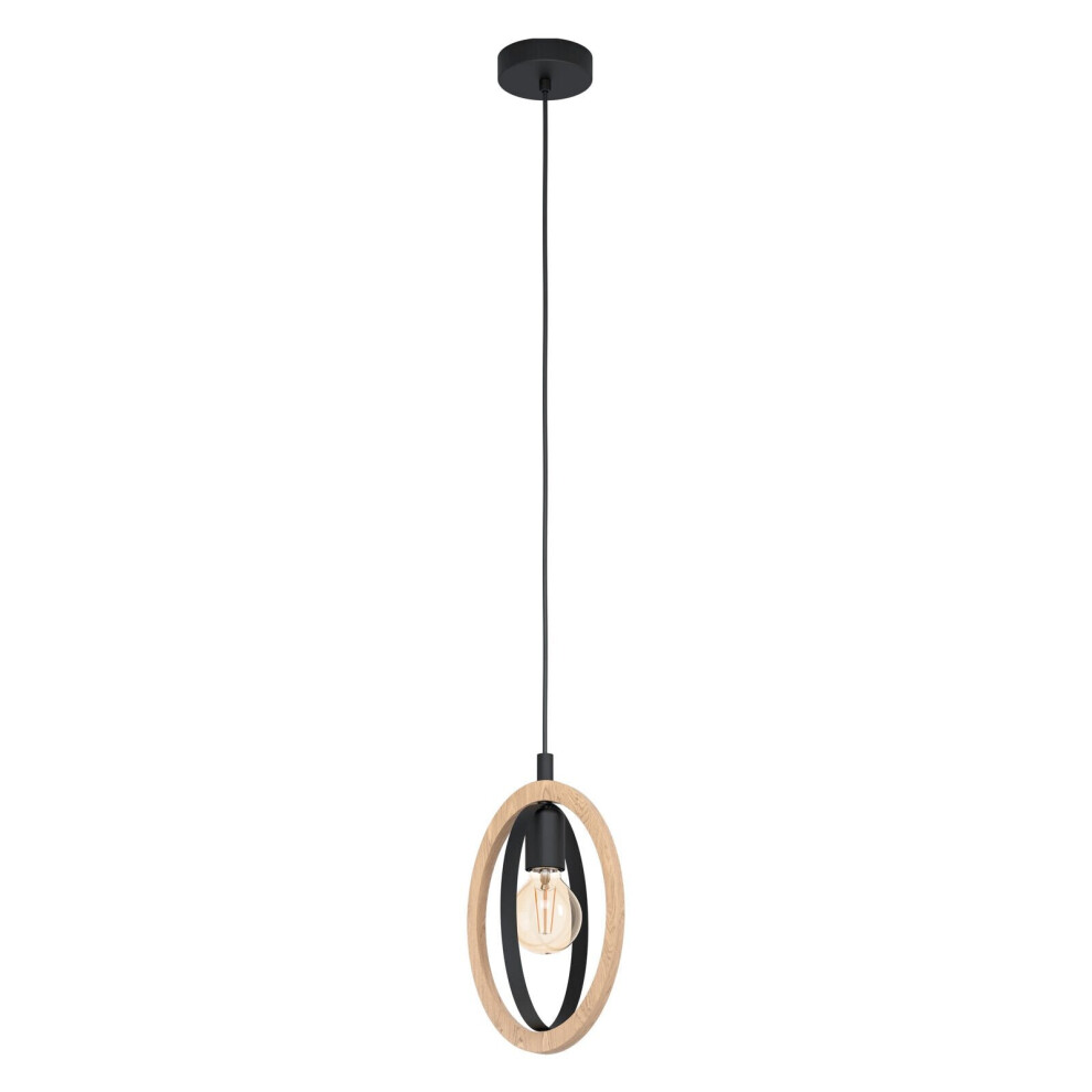 Loops Hanging Ceiling Pendant Light Black & Wood Hoop Shade 1 X 40W E27 Bulb