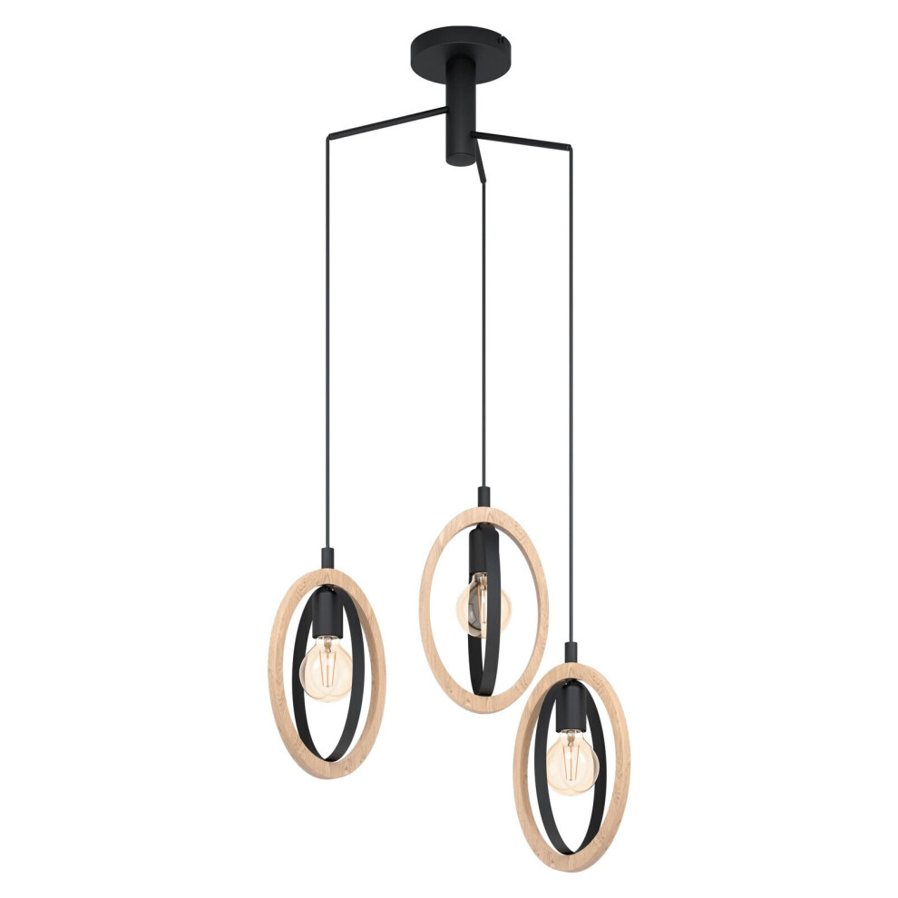 Loops Hanging Ceiling Pendant & Wood Hoop Shade 3X 40W E27 Bulb Light/Black