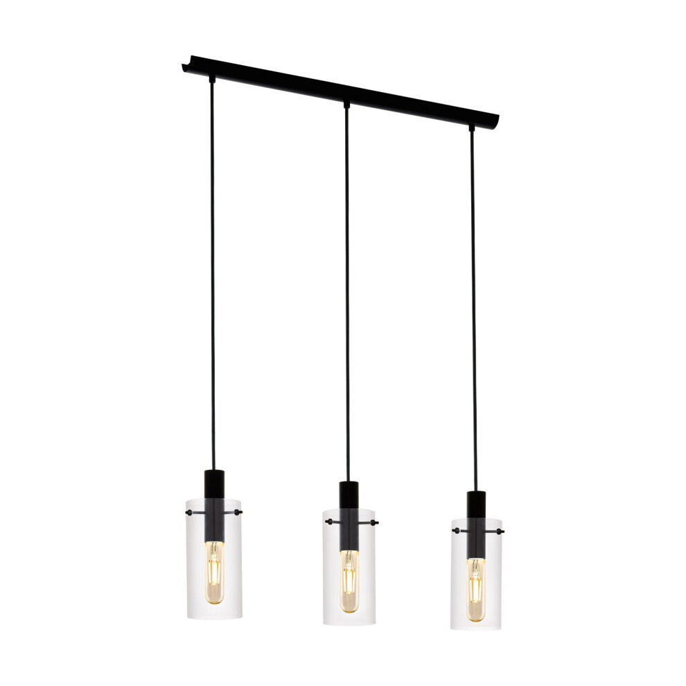 Loops Pendant 3 Bulb Ceiling Light Colour Black Shade Clear Glass Bulb E27 3X60w
