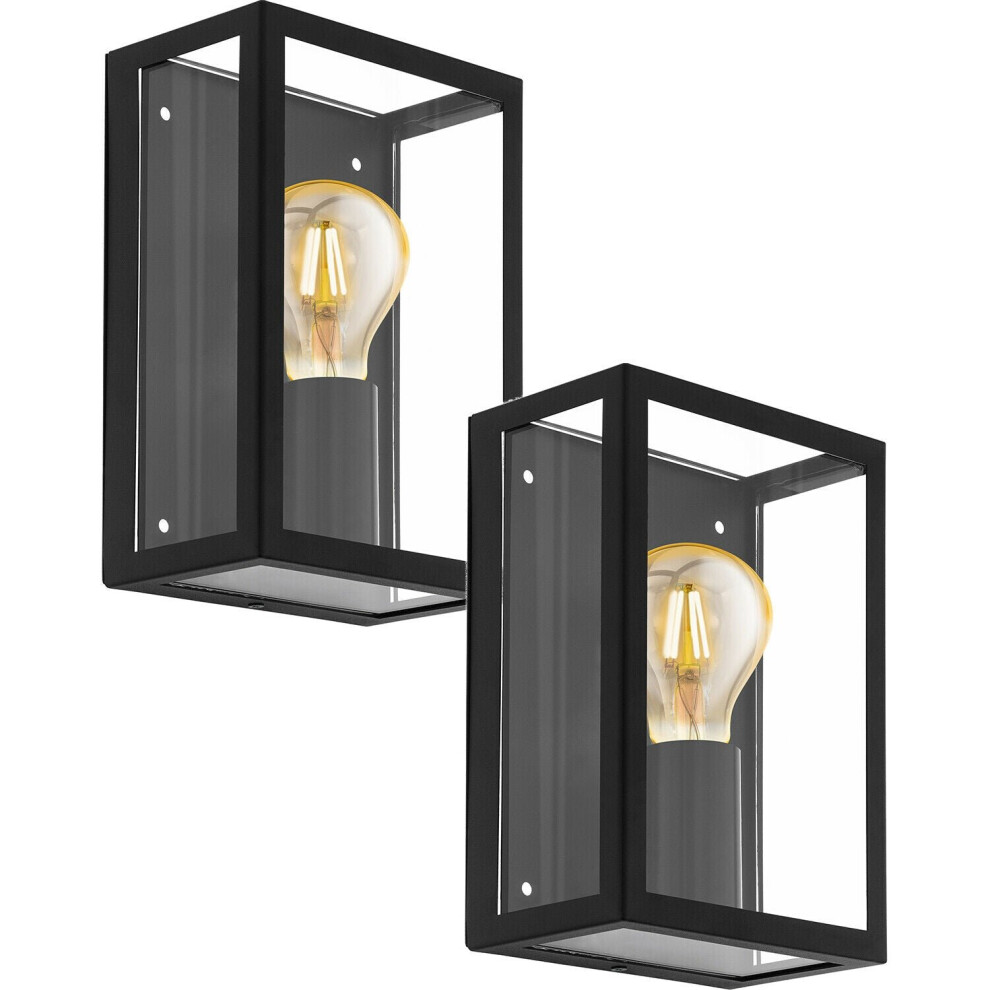 2 PACK IP44 Outdoor Wall Light Black & Glass Box 1x 60W E27 Porch Lamp