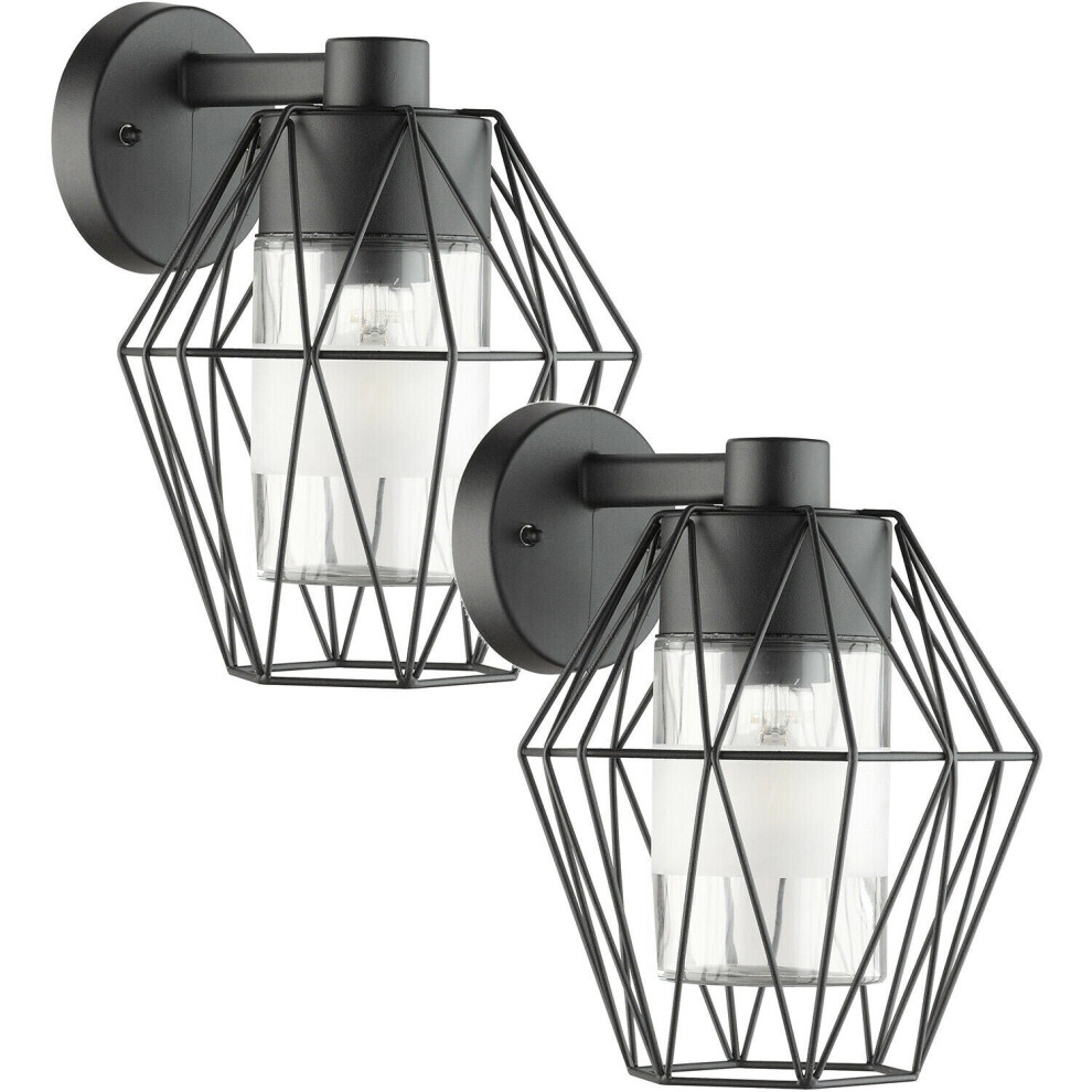 2 PACK IP44 Outdoor Wall Light Black Wire Cage Shade 1x 60W E27 Porch Lamp