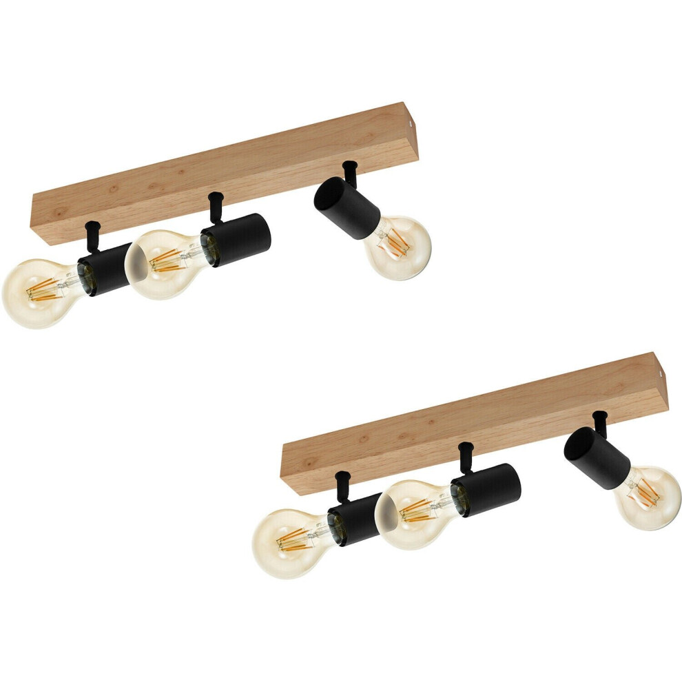 2 PACK Wall Light Colour Brown Wood Back Plate Black Bulb Holder Bulb E27 3x60W