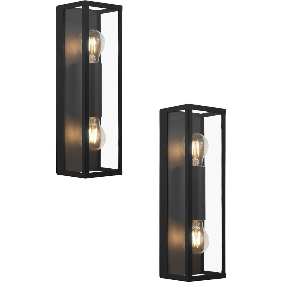 2 PACK Wall Light Colour Black Shade Clear Glass Metal Box Frame Bulb E27 2x60W