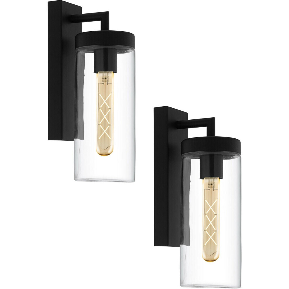 Loops 2 Pack Ip44 Outdoor Wall Light Black & Clear Glass Shade 60W E27 Porch Lamp