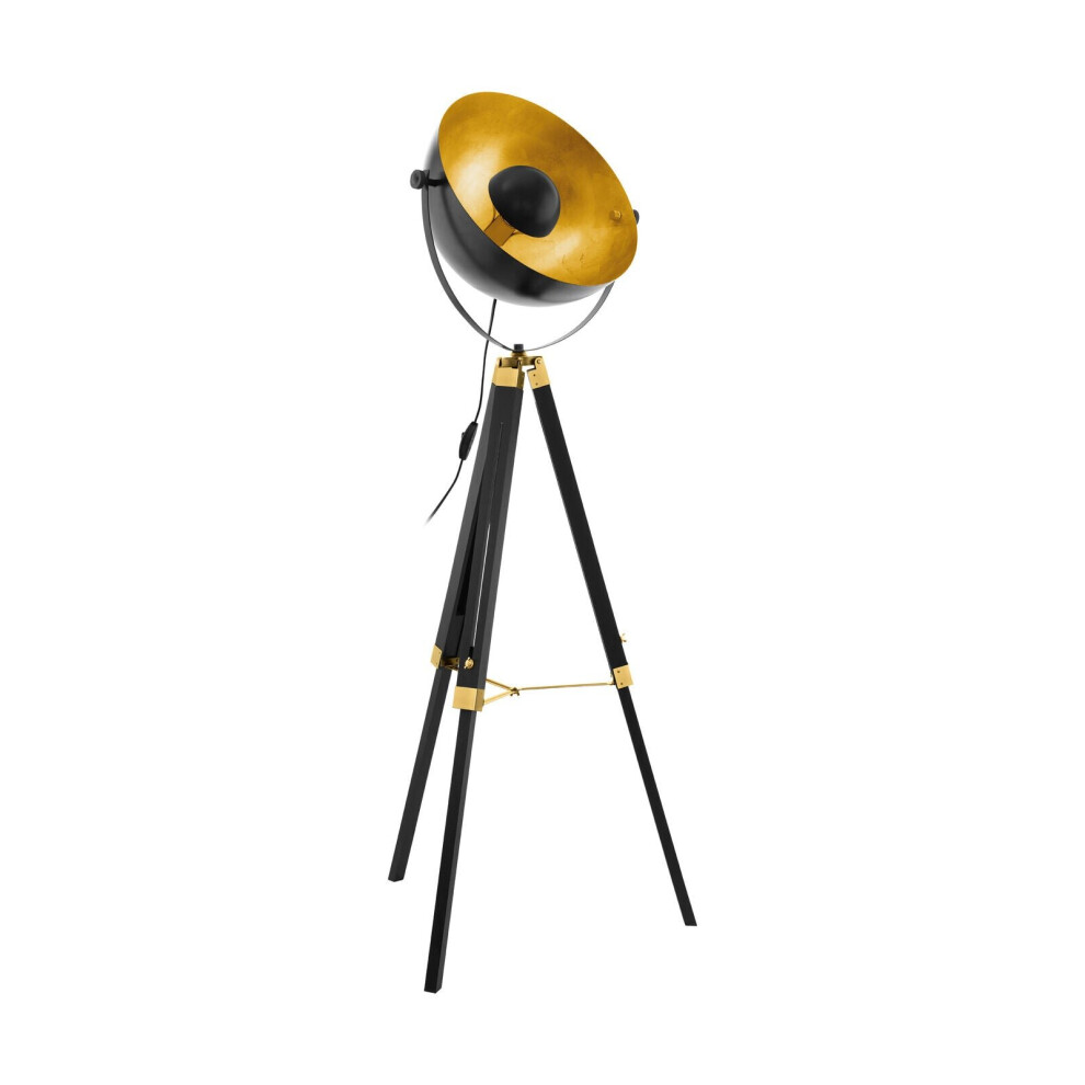 Loops Tripod Floor Lamp Light Black Wood & Gold Dome Shade 1 X 60W E27 Bulb