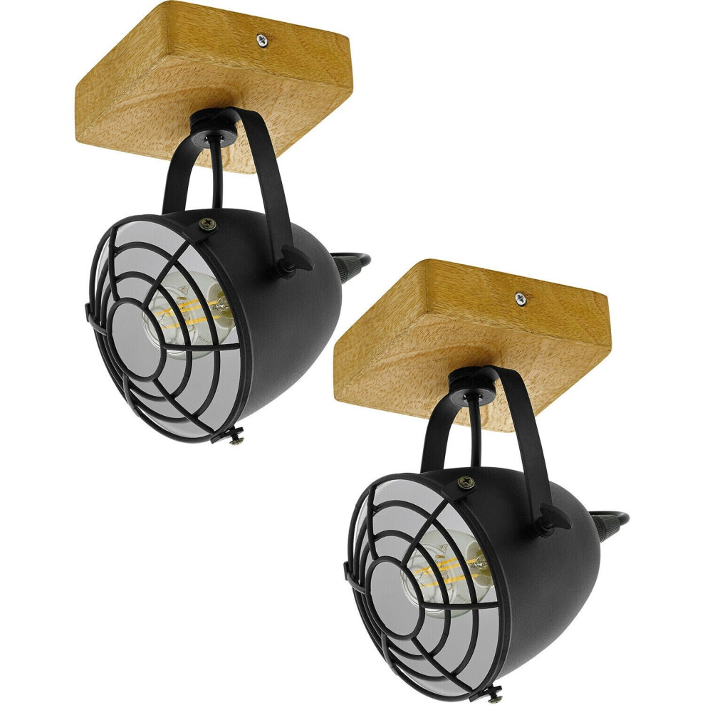 2 PACK Wall / Ceiling Light Black & Wood Adjustable Spotlight 1x 40W E14