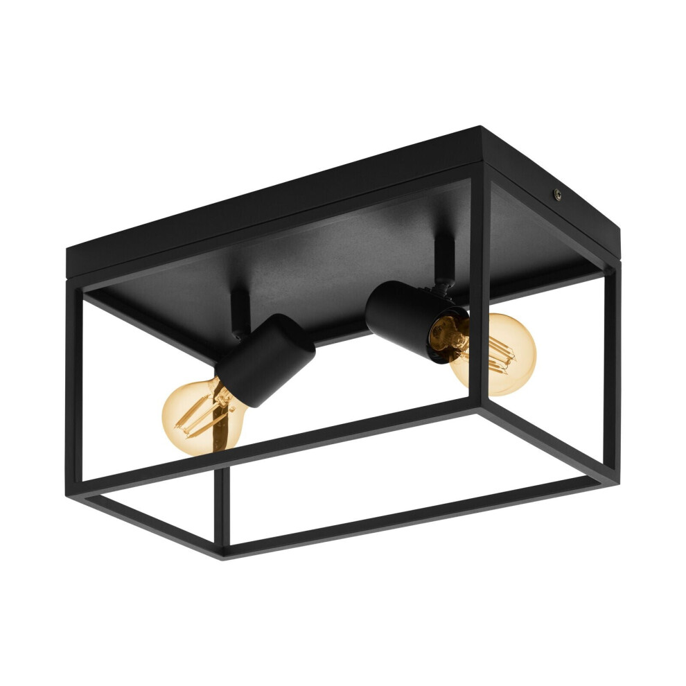 Flush Ceiling Light Colour Black Open Metal Frame Box & Holders Bulb E27 2x40W