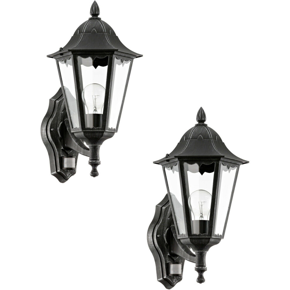 2 PACK IP44 Outdoor Wall Light & PIR Sensor Black & Silver Patina 1x 60W E27