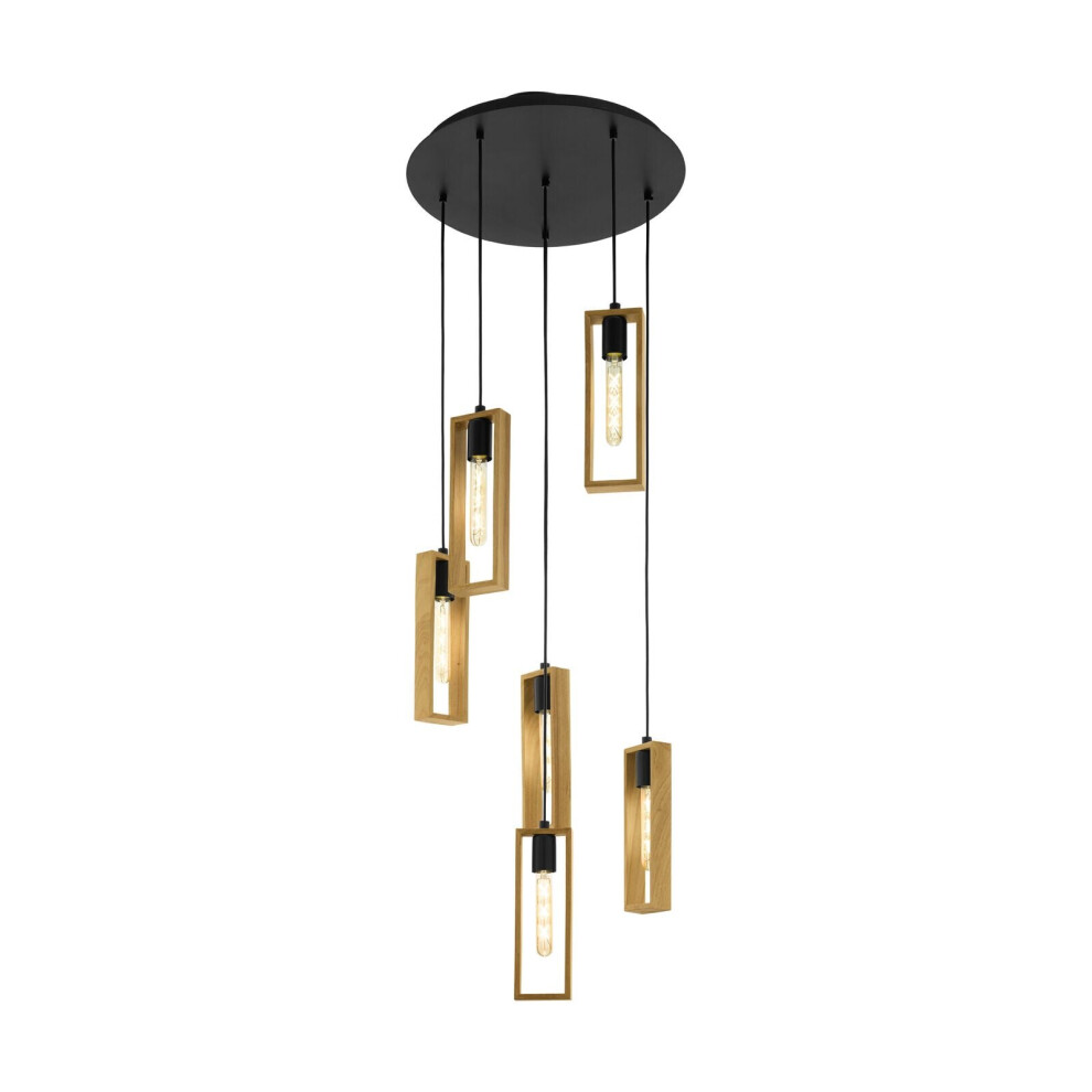 Loops Hanging Ceiling Pendant & Wood 6 Bulb Multi Lamp Hallway Feature Light/Black
