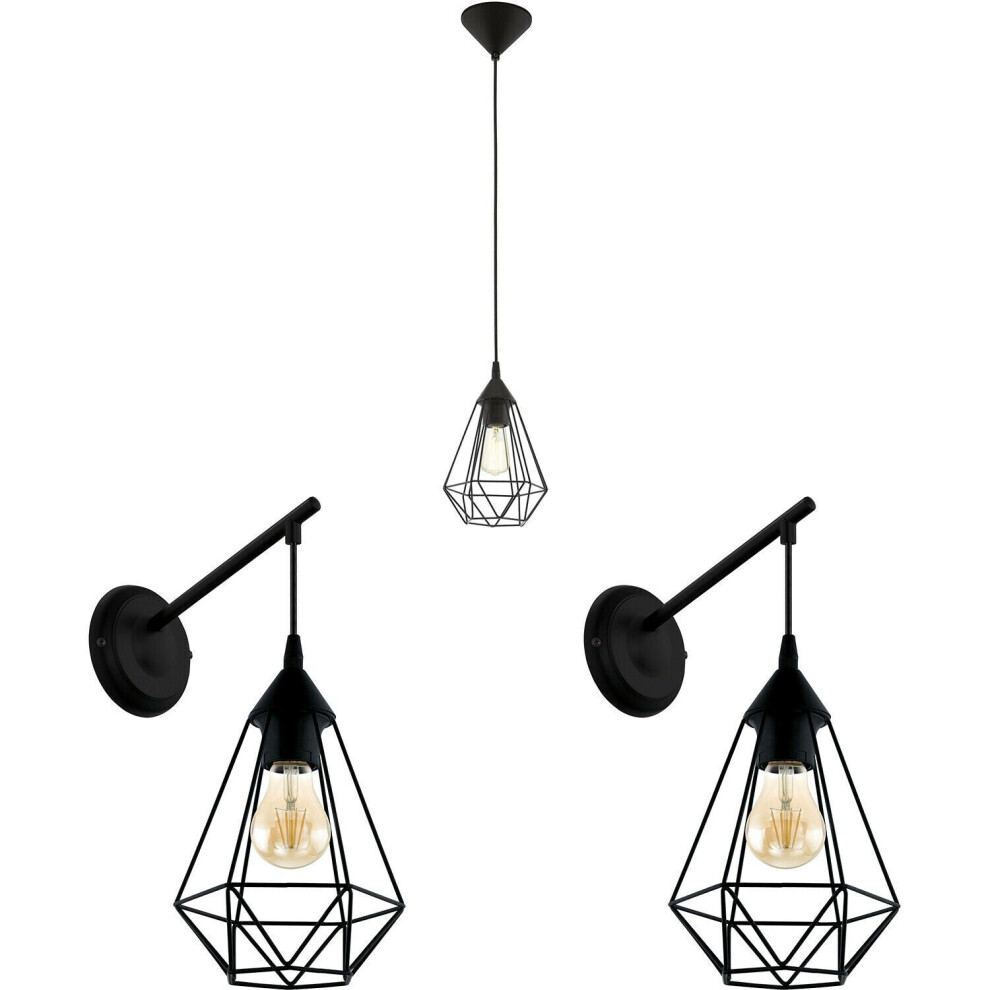 Loops Ceiling Pendant Light & 2X Matching Wall Lights Black Geometric Wire Cage Lamp