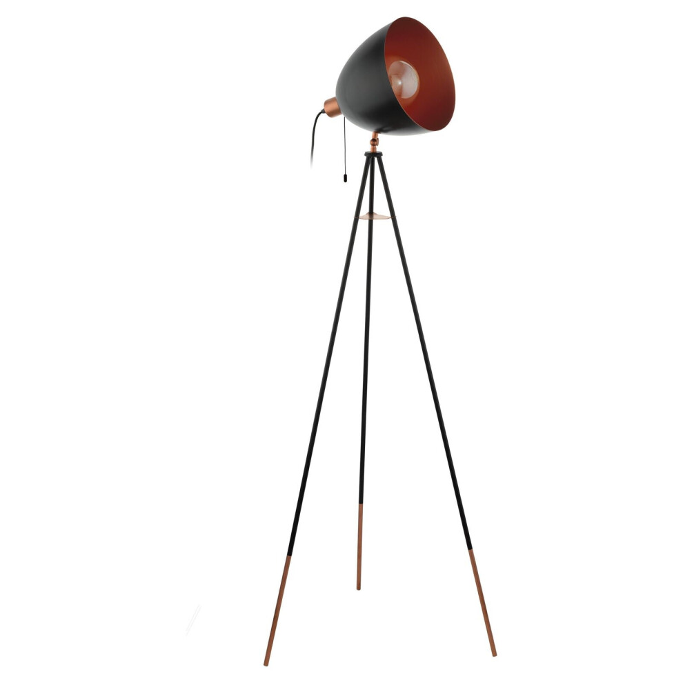 Loops Tripod Floor Lamp Light Black & Copper Shade 1 X 60W E27 Bulb Standard
