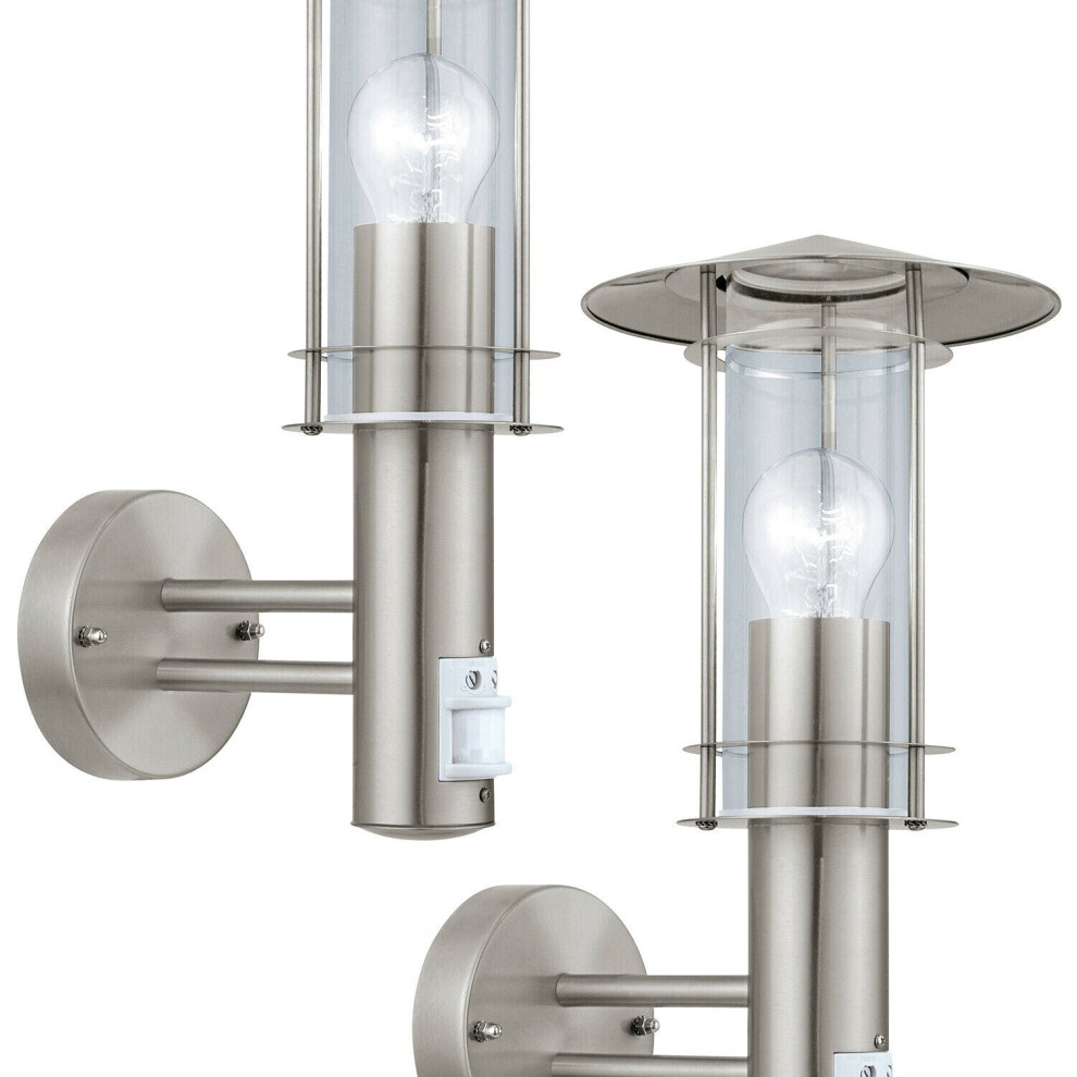 Loops 2 Pack Ip44 Outdoor Wall Light & Pir Sensor Stainless Steel Lantern 60W E27