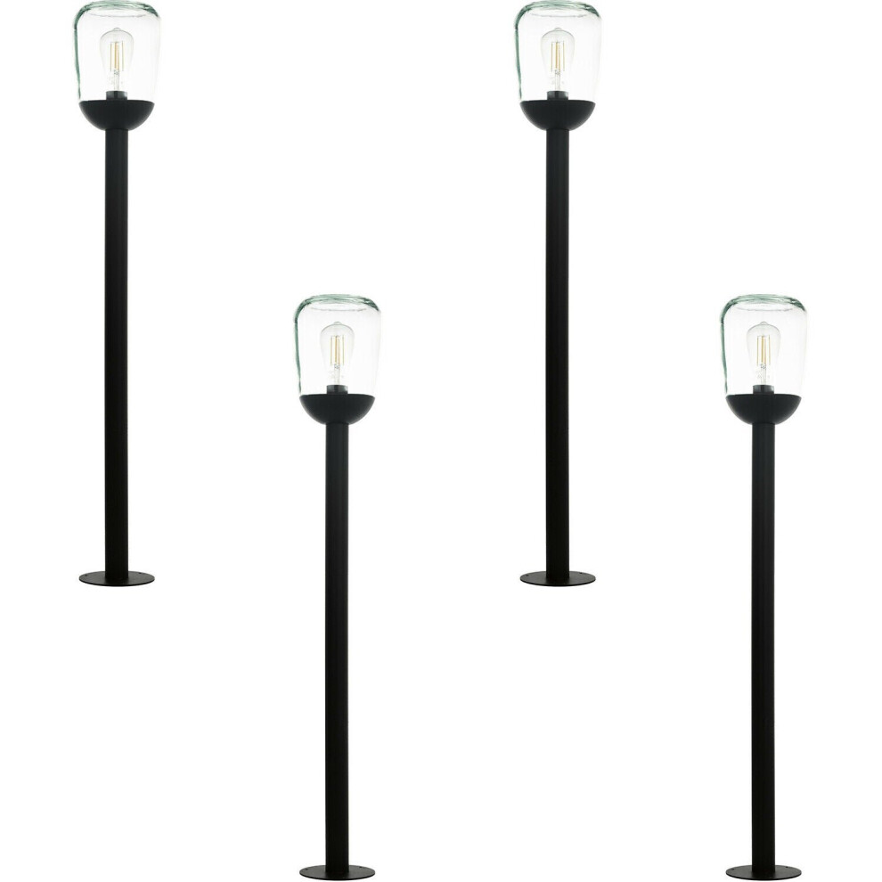 4 PACK IP44 Outdoor Bollard Light Black Aluminium & Glass 60W E27 Lamp Post