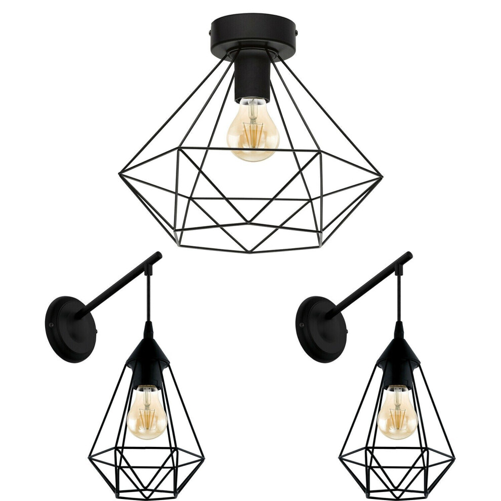 Loops Low Ceiling Light & 2X Matching Wall Lights Black Geometric Wire Cage Shade