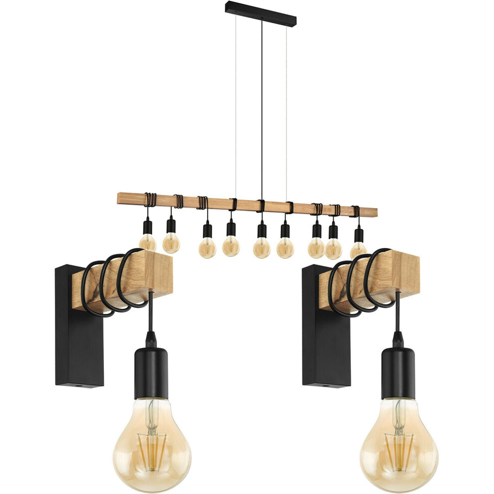 Loops Multi Bulb Ceiling Pendant & 2X Matching Wall S & Wood Trendy Light/Black
