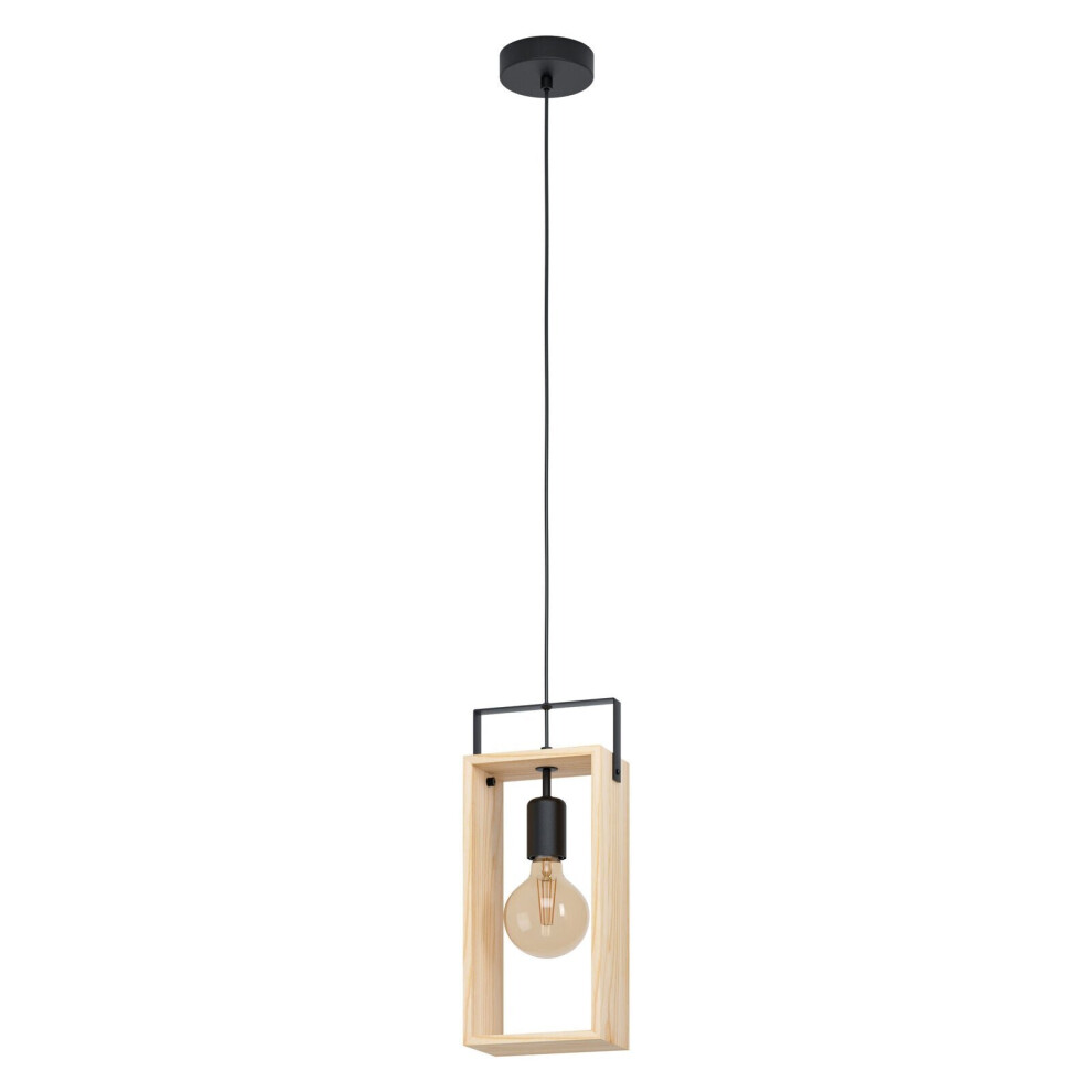 Hanging Ceiling Pendant Light Black & Natural Wood Frame 1 x 40W E27 Bulb