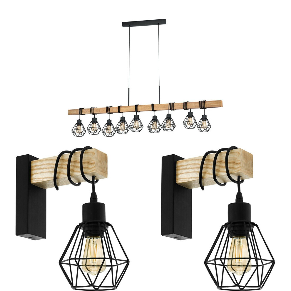 Loops 9 Bulb Ceiling Pendant & 2X Matching Wall Lights Cage & Wood Trendy Lamp Black