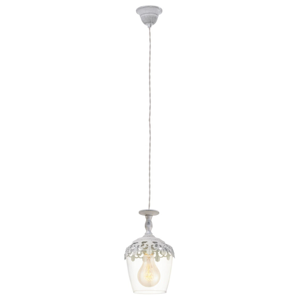 Hanging Ceiling Pendant Light White Patina & Glass Shade 1x E27 Feature Lamp