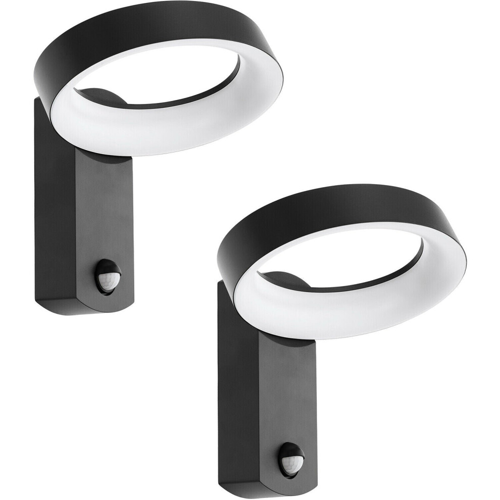 2 PACK IP44 Outdoor Wall Light & PIR Sensor Anthracite Ring Lamp 11W LED