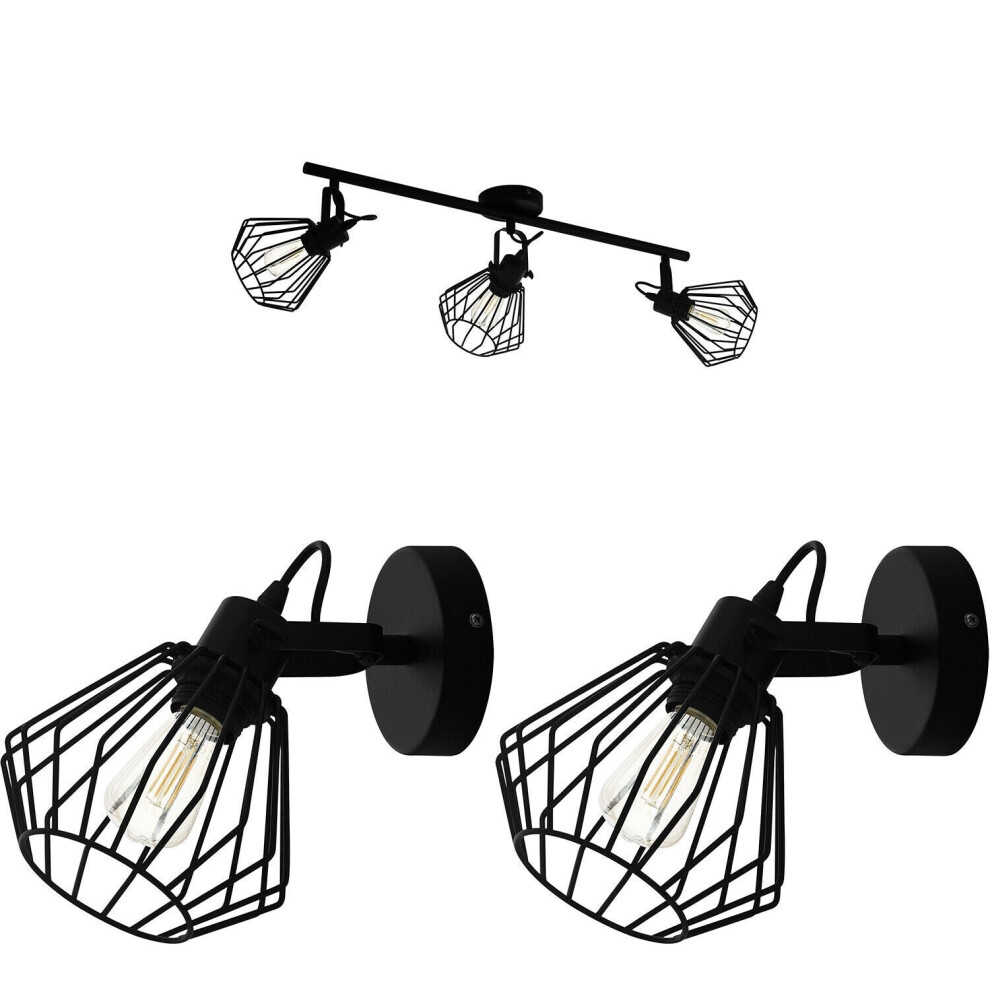 Ceiling Spot Light & 2x Matching Wall Lights Black Wire Cage Adjustable Lamp