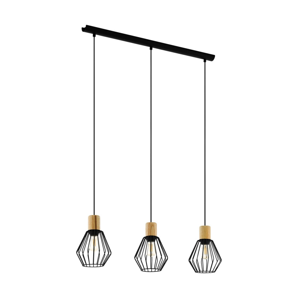Loops Hanging Ceiling Pendant Cage & Wood 3X E27 Bulb Kitchen Feature Light/Black
