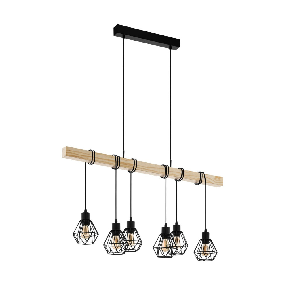 Loops Hanging Ceiling Pendant Cage & Wood 6X E27 Kitchen Island Lamp Light/Black