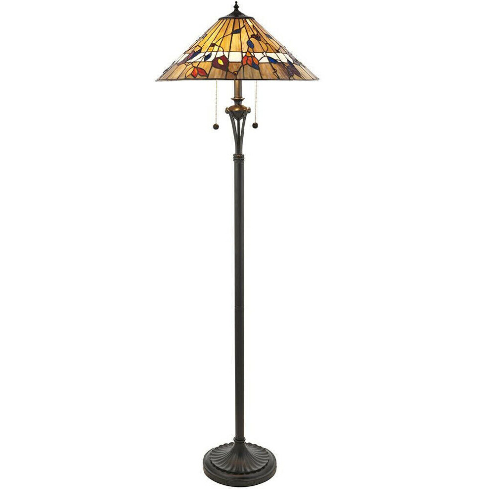 1.5m Tiffany Twin Floor Lamp Dark Bronze & Floral Stained Glass Shade i00004